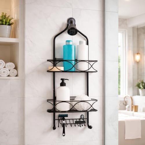 MIORAH Hanging Shower Caddy for Bathroom Aluminium | Bathroom Organiser Without Drill | Bathroom Accessories Storage Organizer Black - Image 1
