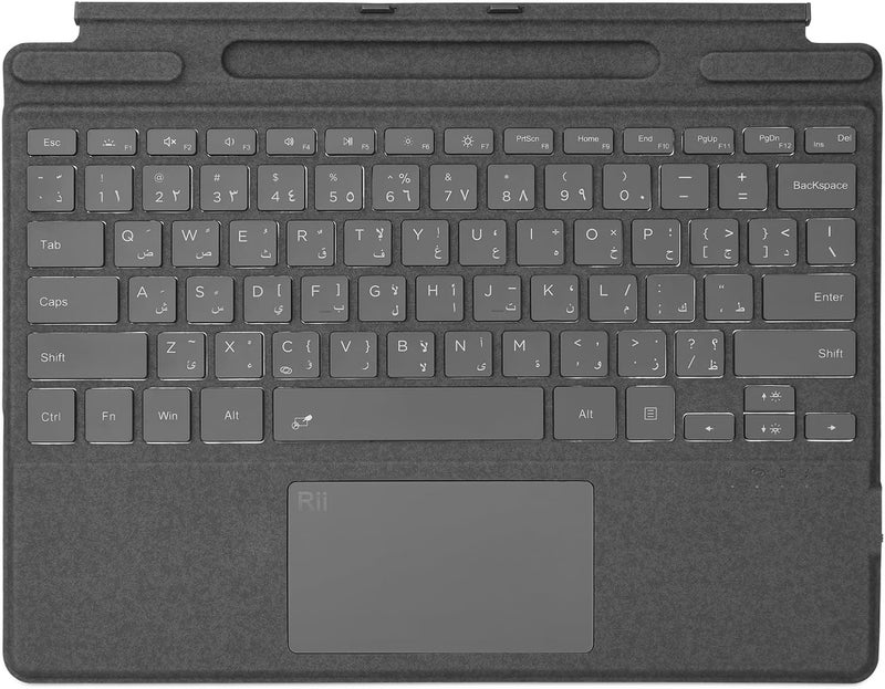 RII [Arabic layout]Surface Pro Type Cover,Ultra-Slim Portable Bluetooth Wireless Keyboard with Touchpad,7 Color Backlit,Compatible with Surface Pro 8/9/X Only (Black-AR) - Image 1