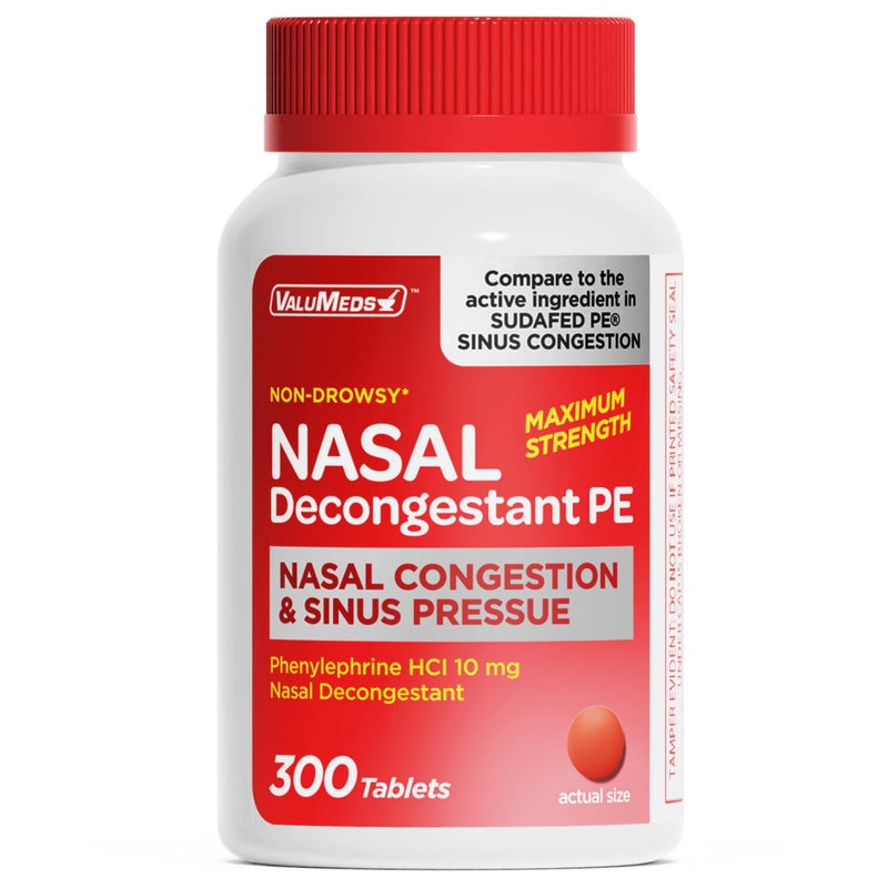 ValuMeds أقراص فاليوميدز مزيل احتقان الأنف PE فينيل إفرين HCl 10 ملغ عبوة كبيرة 300 عدداً تخفيف ضغط الجيوب الأنفية تخفيف احتقان الأنف انسداد الأنف مزيلات احتقان للبالغين مقارنة بسودافيد PE - Image 3