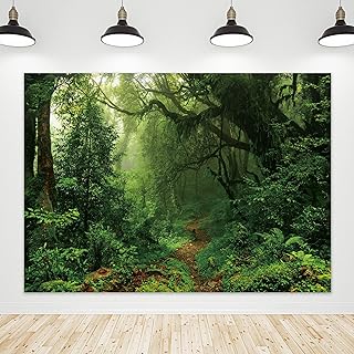 Riyidecor Jungle Forest Backdrop Fabric Polyester Spring Enchanted Nature Trees Rainforest Dreamland Dirt Road Green - Image 1