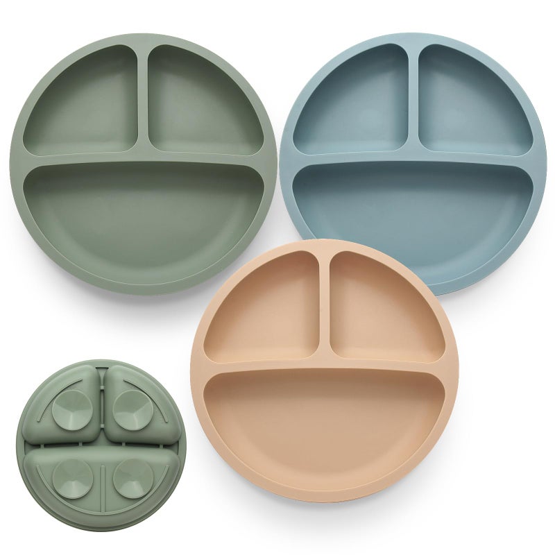 Eascrozn Toddler Plates 3 Pack, Divided Suction Plates for Baby, 100% Food Grade Silicone Baby Plates, Non-Slip, Baby Led Weaning Supplies, Microwave & Dishwasher Safe - Image 1