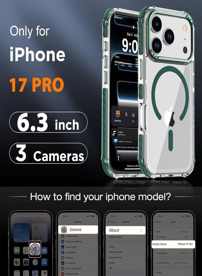 DEERLAMN Strong Magnetic Case for Phone 17 Pro 6.3-Inch,[Compatible with Magsafe] Clear Slim Shockproof Protective Phone Cover for Women Men-Transparent+Green - Image 2