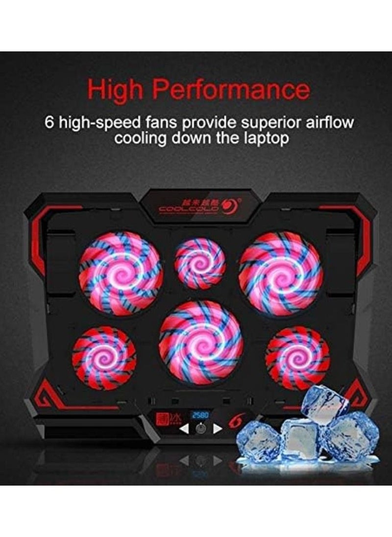 COOLCOLD مبرد كمبيوتر محمول للألعاب مقاس 17 بوصة من COOLCOLD مزود بستة مراوح وشاشة LED ومنفذين USB بسرعة 2600 دورة في الدقيقة وقاعدة تبريد للكمبيوتر المحمول  - Image 2