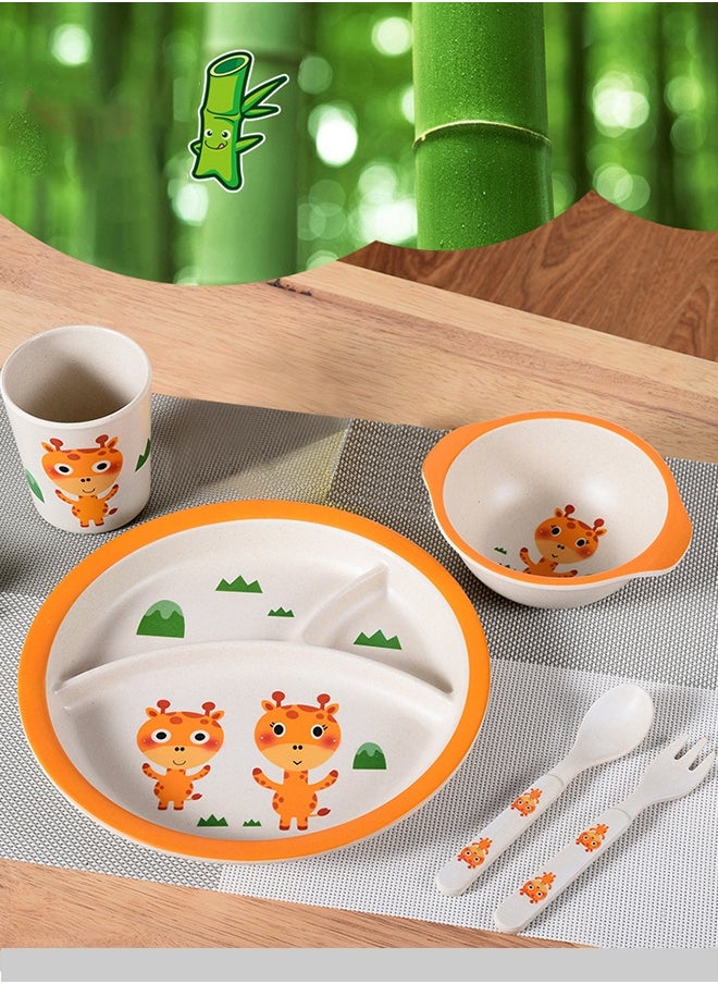 Generic 5Pcs/Set Bamboo Kids Dinnerware Set - Children Dishes - Food Plate Bowl Cup Spoon Fork Set Dishware, Cartoon Tableware, Dishwasher Safe Kids Healthy Mealtime, BPA Free  - Image 2