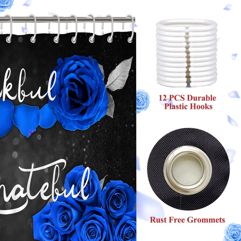 Hadint 4Pcs Blue Rose Shower Curtain Set, Thankful Grateful Blessed Bathroom Curtain with Non-Slip Rug, Toilet Lid Cover, Bath Mat and 12 Hooks, Romantic Royal Blue Floral Wedding Decor for Bath, 72 x 72 in - Image 4