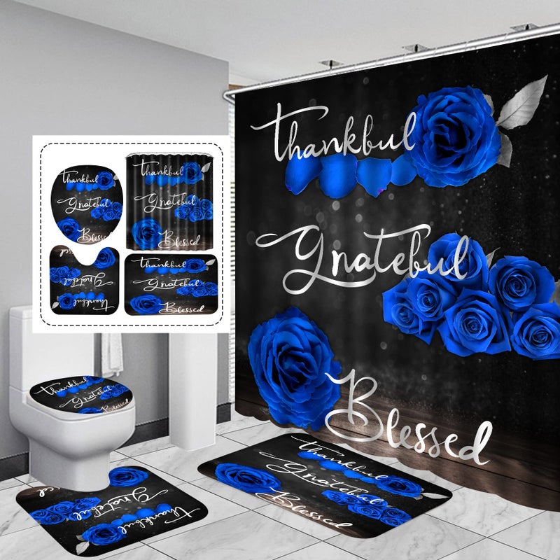 Hadint 4Pcs Blue Rose Shower Curtain Set, Thankful Grateful Blessed Bathroom Curtain with Non-Slip Rug, Toilet Lid Cover, Bath Mat and 12 Hooks, Romantic Royal Blue Floral Wedding Decor for Bath, 72 x 72 in - Image 1