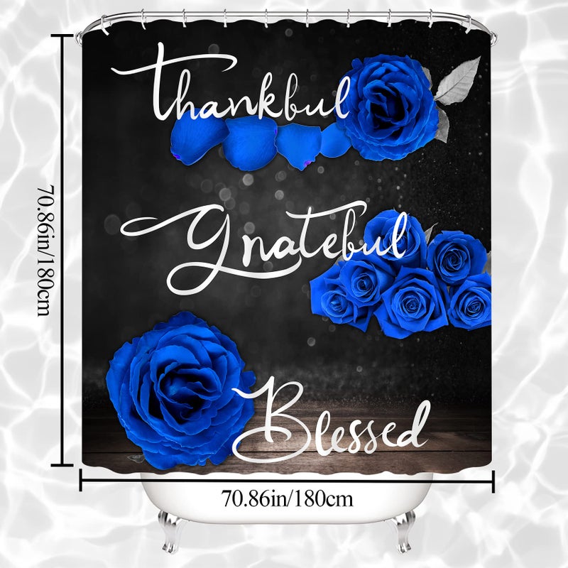 Hadint 4Pcs Blue Rose Shower Curtain Set, Thankful Grateful Blessed Bathroom Curtain with Non-Slip Rug, Toilet Lid Cover, Bath Mat and 12 Hooks, Romantic Royal Blue Floral Wedding Decor for Bath, 72 x 72 in - Image 2