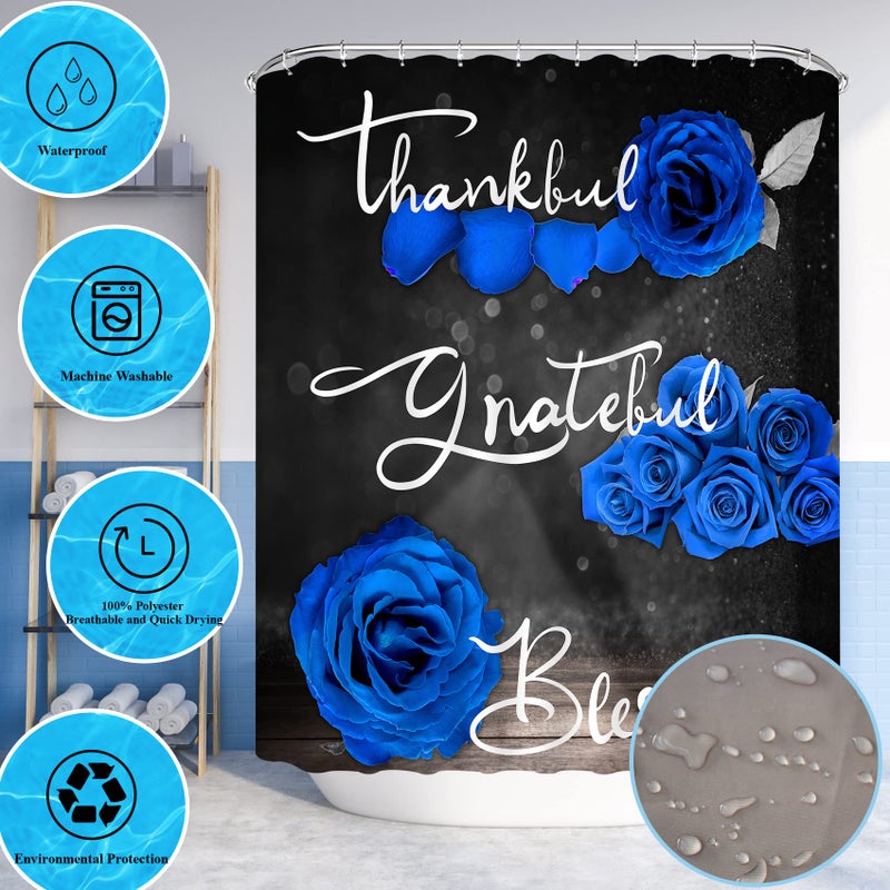 Hadint 4Pcs Blue Rose Shower Curtain Set, Thankful Grateful Blessed Bathroom Curtain with Non-Slip Rug, Toilet Lid Cover, Bath Mat and 12 Hooks, Romantic Royal Blue Floral Wedding Decor for Bath, 72 x 72 in - Image 5