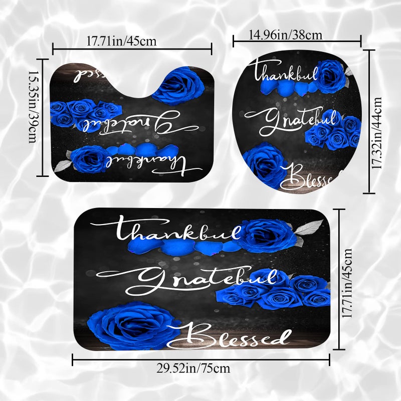 Hadint 4Pcs Blue Rose Shower Curtain Set, Thankful Grateful Blessed Bathroom Curtain with Non-Slip Rug, Toilet Lid Cover, Bath Mat and 12 Hooks, Romantic Royal Blue Floral Wedding Decor for Bath, 72 x 72 in - Image 3