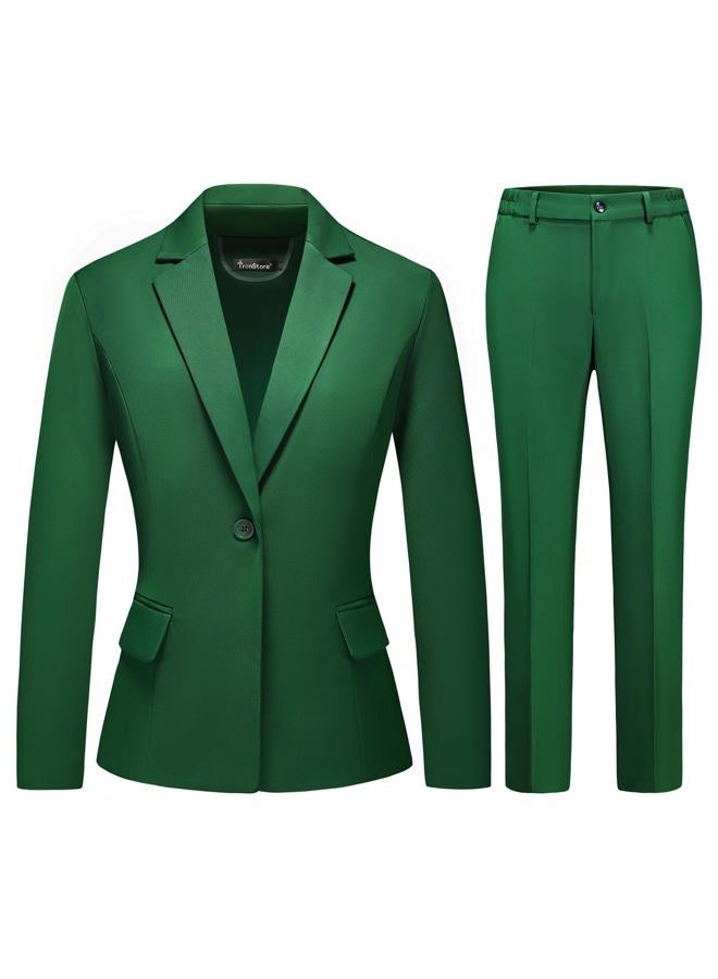TronStore Women's Business Solid Suit 2 Piece Slim Fit Classic Blazer Pants Set for Women Formal Office, Dark Green, M - Image 1