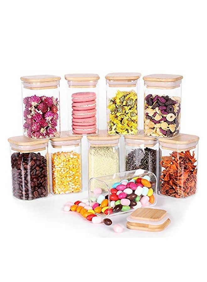 Brezzycloud 270Ml Glass Jars With Bamboo Wooden Airtight Lids,Set Of 9 Food Storage Containers For Home Kitchen,Tea,Sugar,Salt,Spices,Coffee,Flour,Herbs,Grains(270Ml,9 Pcs,Square Shape)Transparent - Image 1
