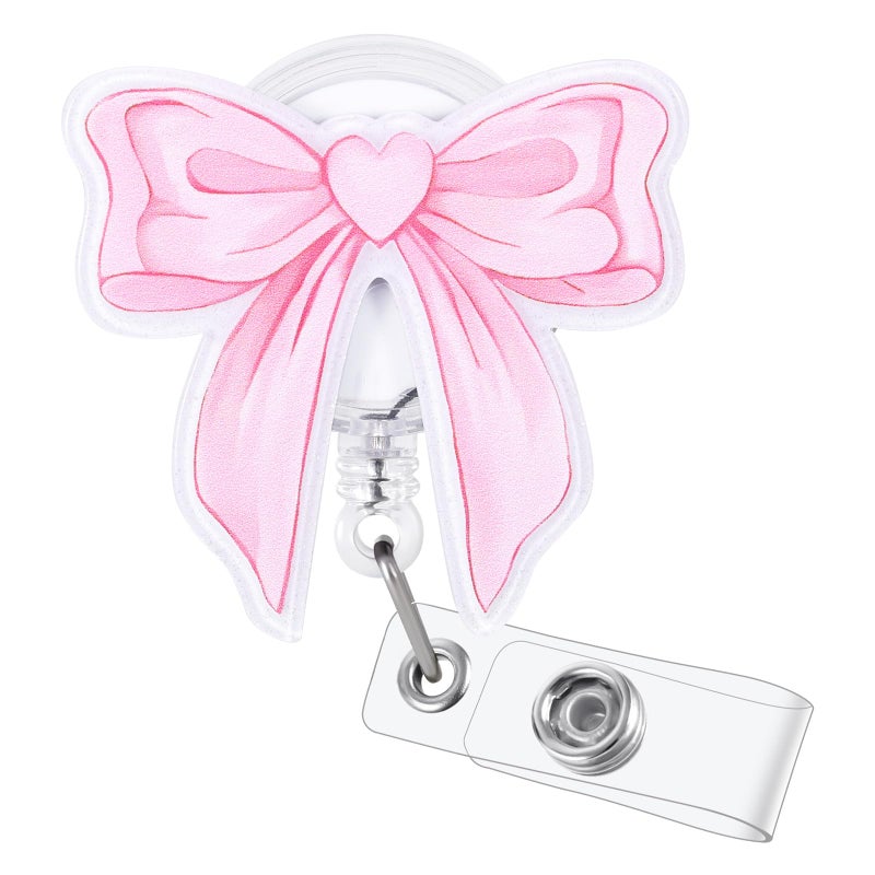 BEZTN Pink Bow Badge Reel, Retractable ID Badge Holder Clip, Nurse Badge Reels, Nursing Student Name Badge Holders, RN LPN CNA MA Medical Worker Nurse Teacher Accessories for Work, Cute Nursing Badge Reel - Image 1