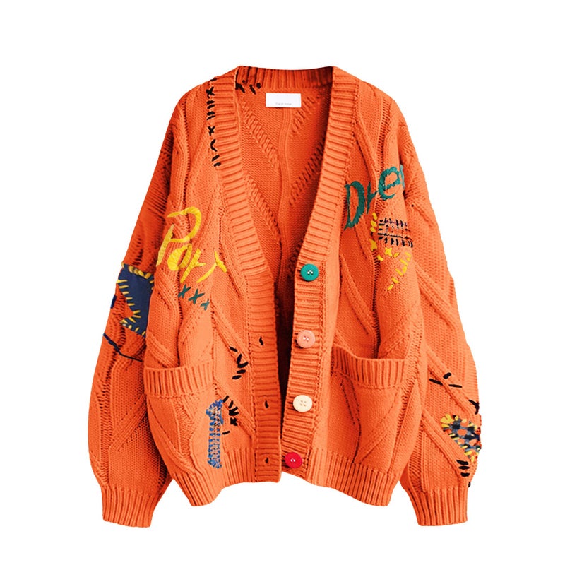 ebossy Women's Cable Knit Long Sleeve Open Front Cardigan Sheep V-Neck Button Down Embroidery Wool Blend Sweater Coat Outwear (L, Orange) - Image 5