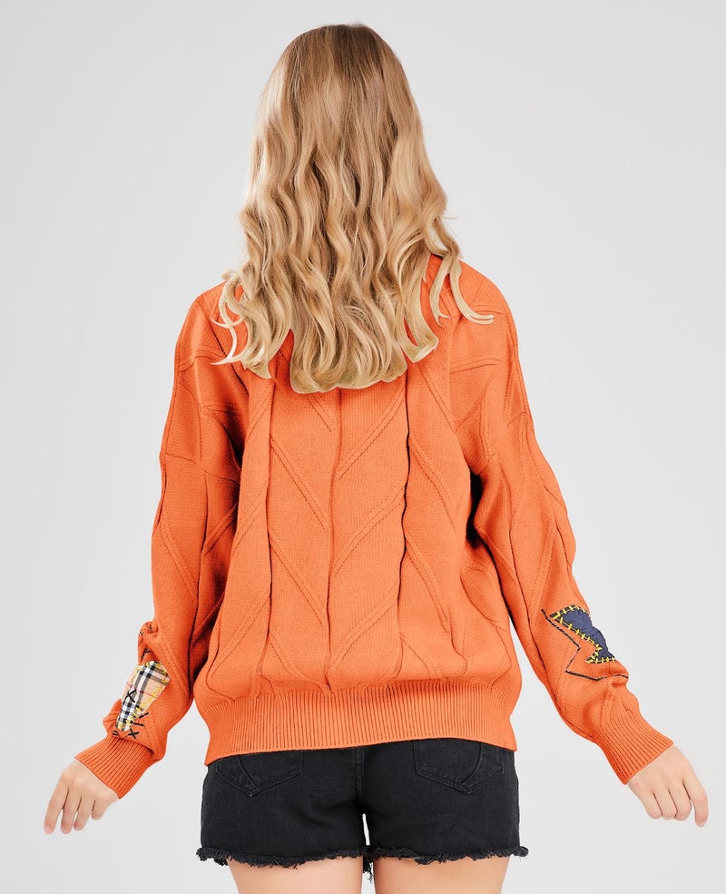 ebossy Women's Cable Knit Long Sleeve Open Front Cardigan Sheep V-Neck Button Down Embroidery Wool Blend Sweater Coat Outwear (L, Orange) - Image 3