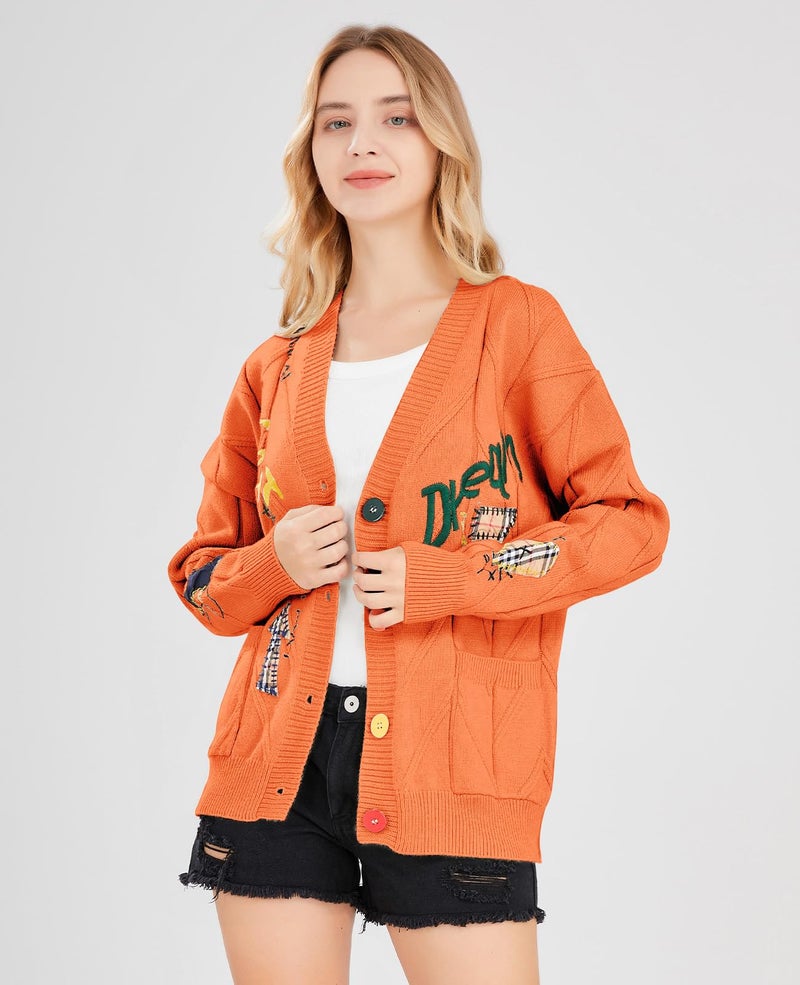 ebossy Women's Cable Knit Long Sleeve Open Front Cardigan Sheep V-Neck Button Down Embroidery Wool Blend Sweater Coat Outwear (L, Orange) - Image 4