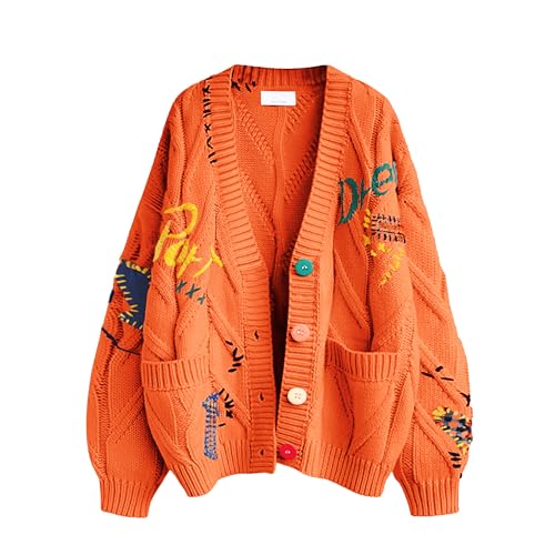 ebossy Women's Cable Knit Long Sleeve Open Front Cardigan Sheep V-Neck Button Down Embroidery Wool Blend Sweater Coat Outwear (L, Orange) - Image 1
