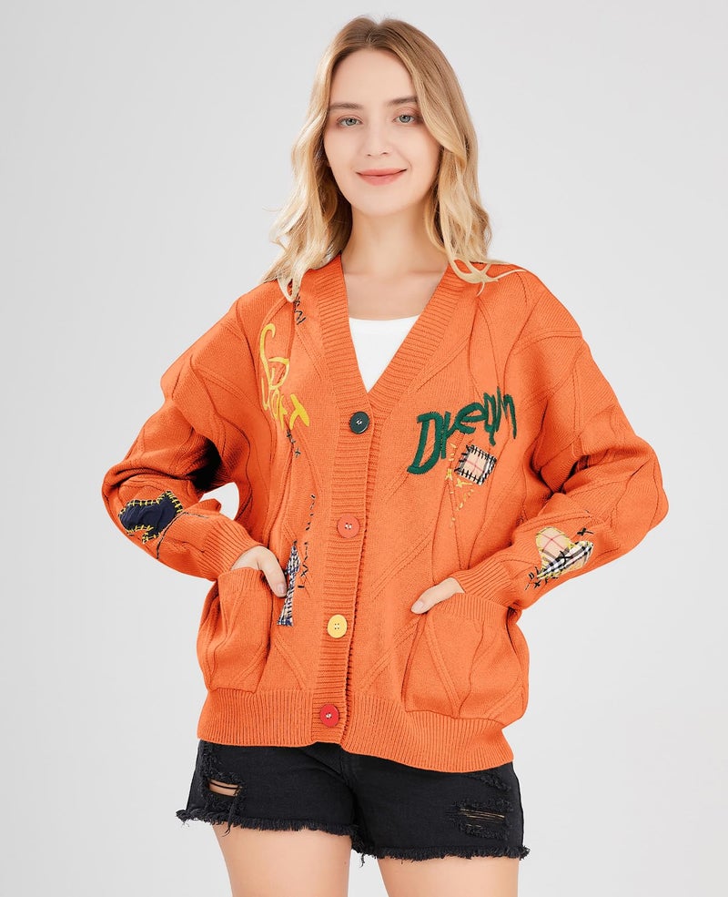 ebossy Women's Cable Knit Long Sleeve Open Front Cardigan Sheep V-Neck Button Down Embroidery Wool Blend Sweater Coat Outwear (L, Orange) - Image 2