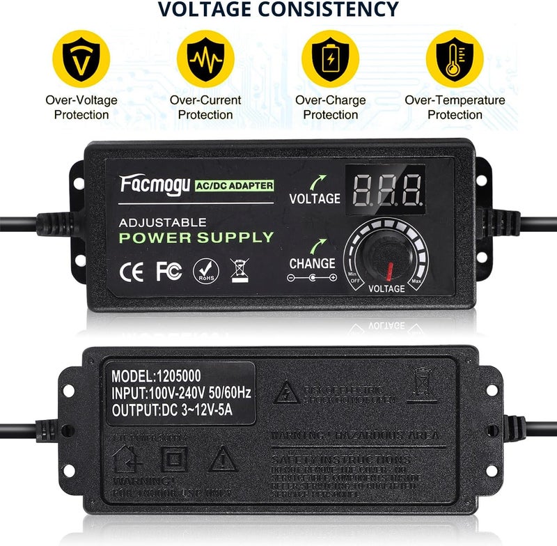 فاكموغو مزود طاقة قابل للتعديل 3V-12V 5A 60W مع شاشة LED، محول تيار متردد/تيار مستمر عالمي متغير DC 3V 5V 6V 9V 12V، محول طاقة تحويلي�� من 100V-240V AC إلى DC 3-12V، محول منظم متعدد الجهد - Image 3