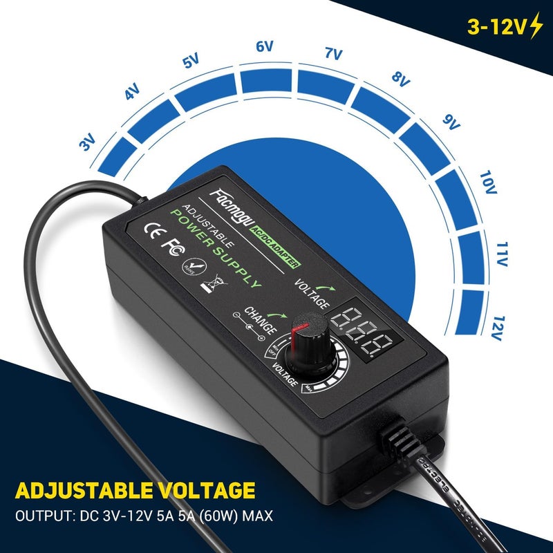 فاكموغو مزود طاقة قابل للتعديل 3V-12V 5A 60W مع شاشة LED، محول تيار متردد/تيار مستمر عالمي متغير DC 3V 5V 6V 9V 12V، محول طاقة تحويلي�� من 100V-240V AC إلى DC 3-12V، محول منظم متعدد الجهد - Image 4