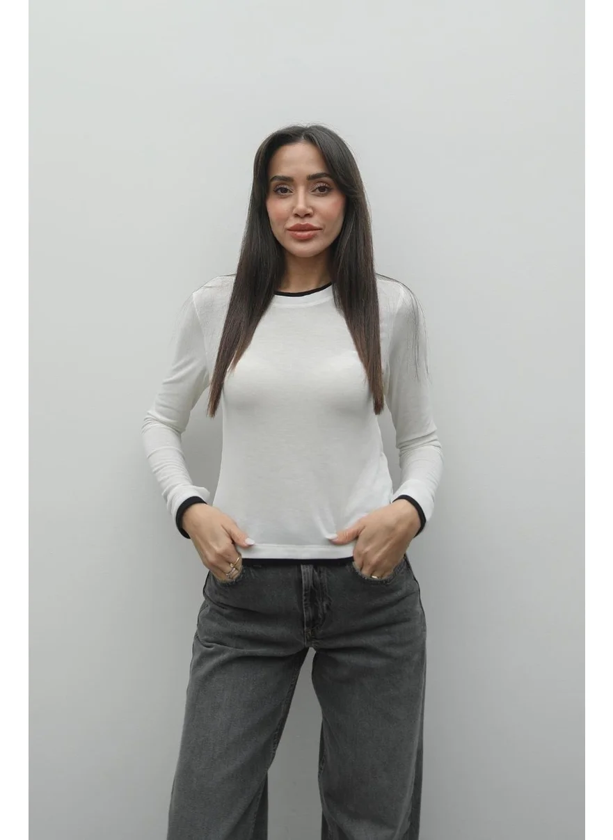 Havoş Ecru Black Piping Crew Neck Blouse