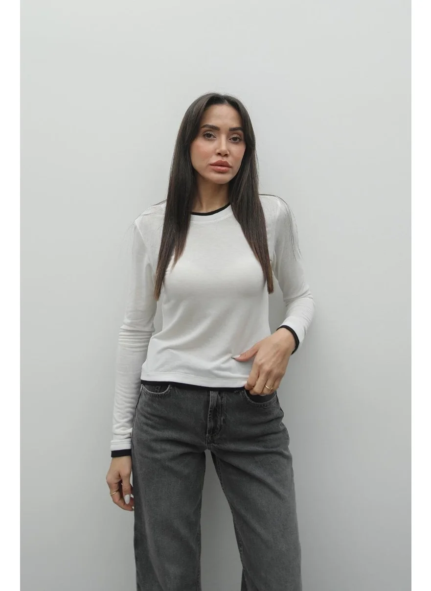 Havoş Ecru Black Piping Crew Neck Blouse