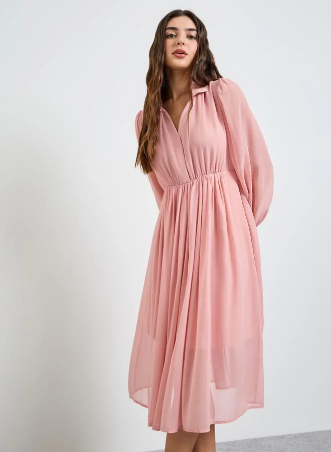 ستايلي Pink Solid Long Sleeves Chiffon A-Line Midi Dress