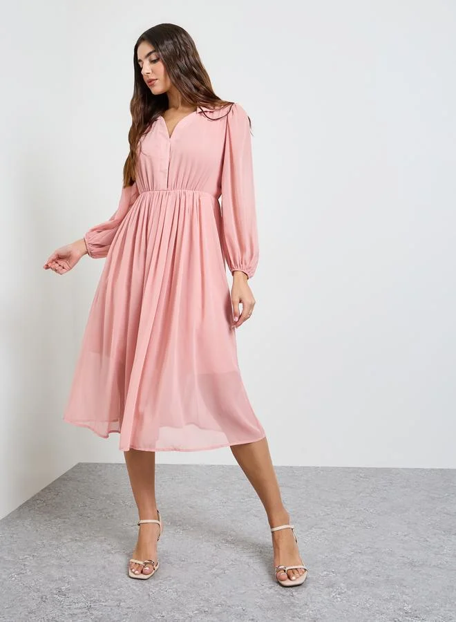 ستايلي Pink Solid Long Sleeves Chiffon A-Line Midi Dress