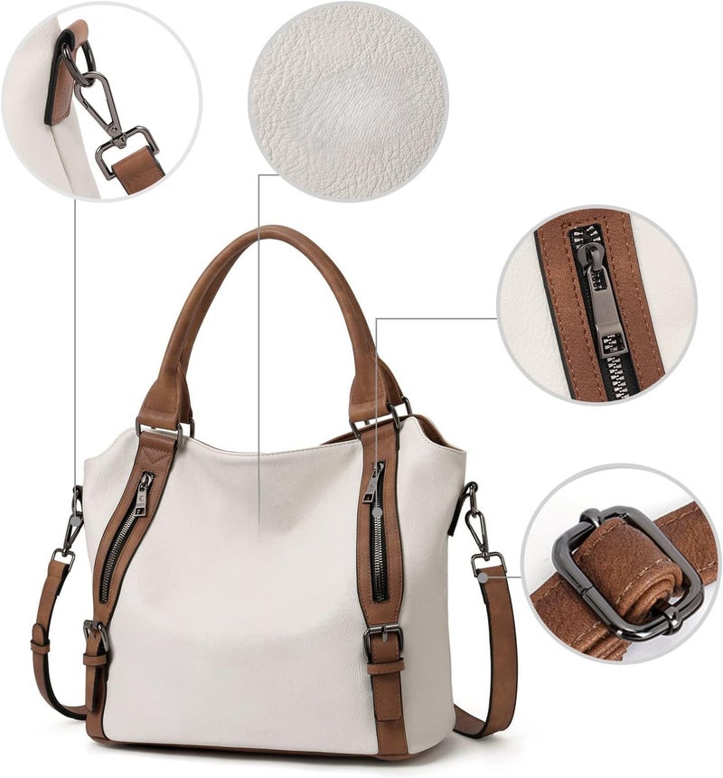 INOVERA (LABEL) Faux Leather Shoulder Hobo Bags for Women's and Girls - Stylish Ladies Handbag Purse with Adjustable Strap (White and Brown) - Image 3