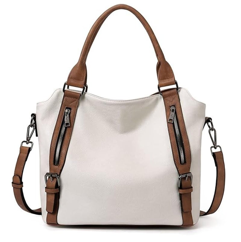 INOVERA (LABEL) Faux Leather Shoulder Hobo Bags for Women's and Girls - Stylish Ladies Handbag Purse with Adjustable Strap (White and Brown) - Image 1