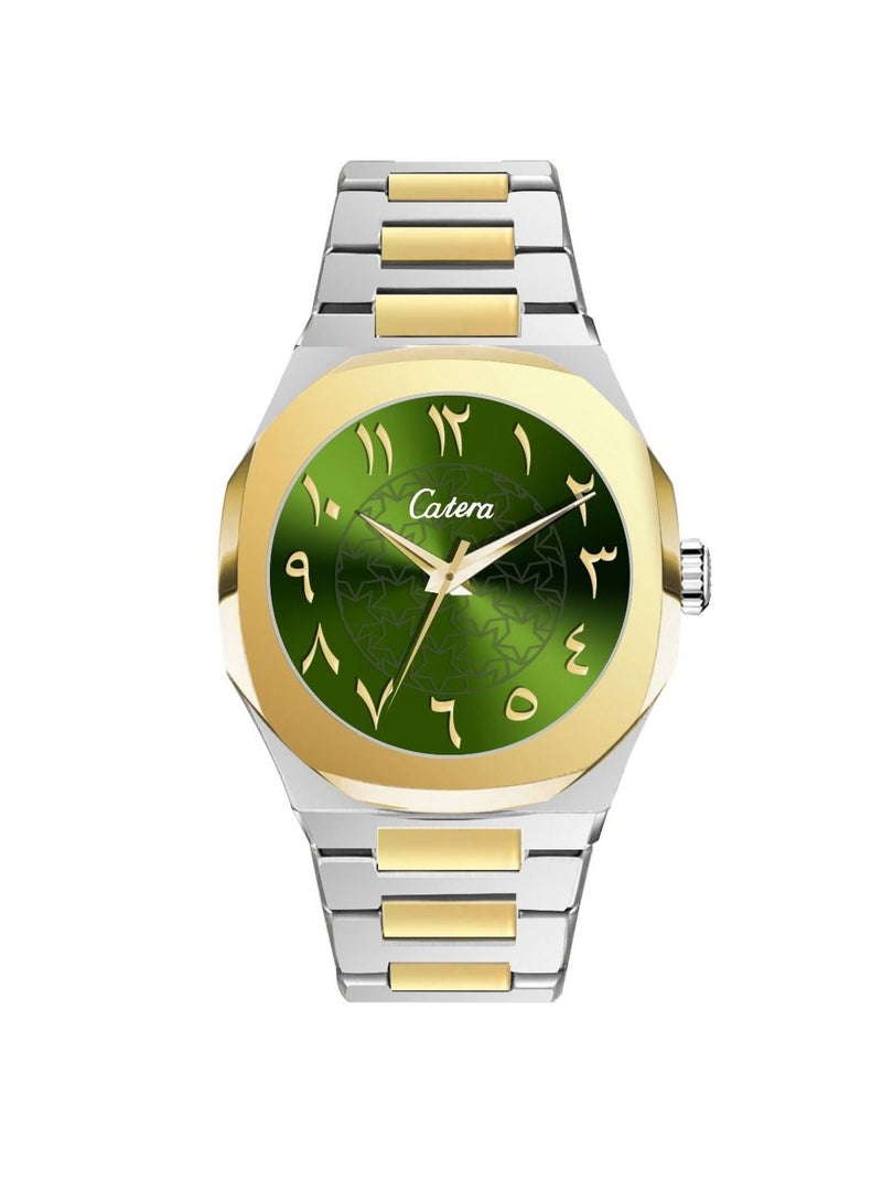 Steel watch for men by Catera, silver and gold, with a green dial, Arabic numerals