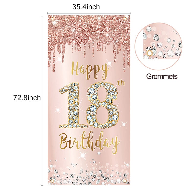 Excelloon Happy 18th Birthday Door Banner Backdrop Decorations for Girls  Pink Rose Gold 18 Birthday Party Door Cover Sign Supplies  Eighteen Year Old Birthday Poster Background Photo Booth Props Decor - Image 2