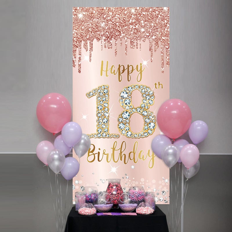 Excelloon Happy 18th Birthday Door Banner Backdrop Decorations for Girls  Pink Rose Gold 18 Birthday Party Door Cover Sign Supplies  Eighteen Year Old Birthday Poster Background Photo Booth Props Decor - Image 5