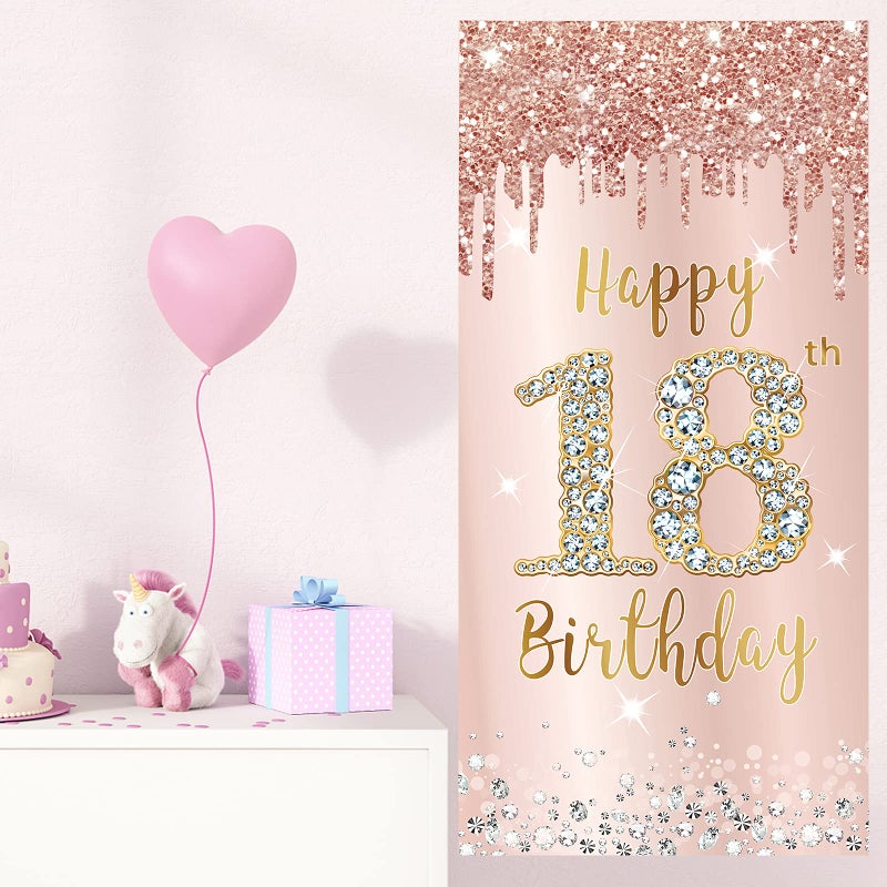 Excelloon Happy 18th Birthday Door Banner Backdrop Decorations for Girls  Pink Rose Gold 18 Birthday Party Door Cover Sign Supplies  Eighteen Year Old Birthday Poster Background Photo Booth Props Decor - Image 4