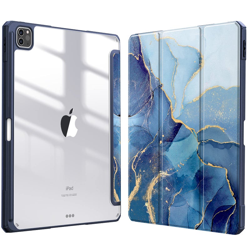 Fintie Hybrid Slim Case for iPad Pro 12.9-inch 6th Generation 2022, [Built-in Pencil Holder] Shockproof Cover w/Clear Transparent Back Shell, Also Fit iPad Pro 12.9" 5th/4th/3rd Gen, Ocean Marble - Image 1