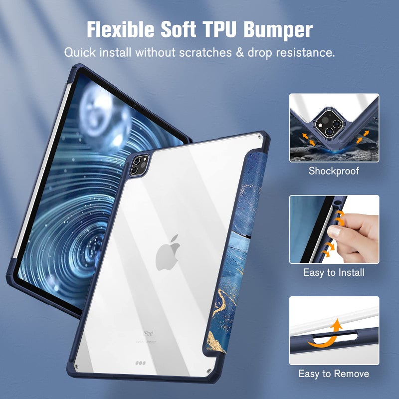 Fintie Hybrid Slim Case for iPad Pro 12.9-inch 6th Generation 2022, [Built-in Pencil Holder] Shockproof Cover w/Clear Transparent Back Shell, Also Fit iPad Pro 12.9" 5th/4th/3rd Gen, Ocean Marble - Image 4