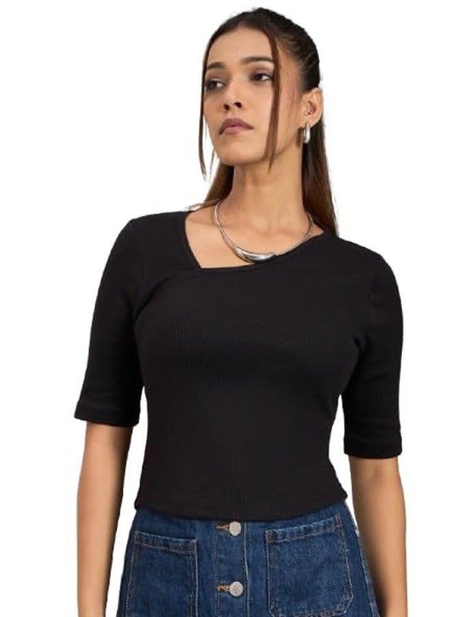 WineRed Women Black Asymmetrical Neck Ribbed Top - Image 1