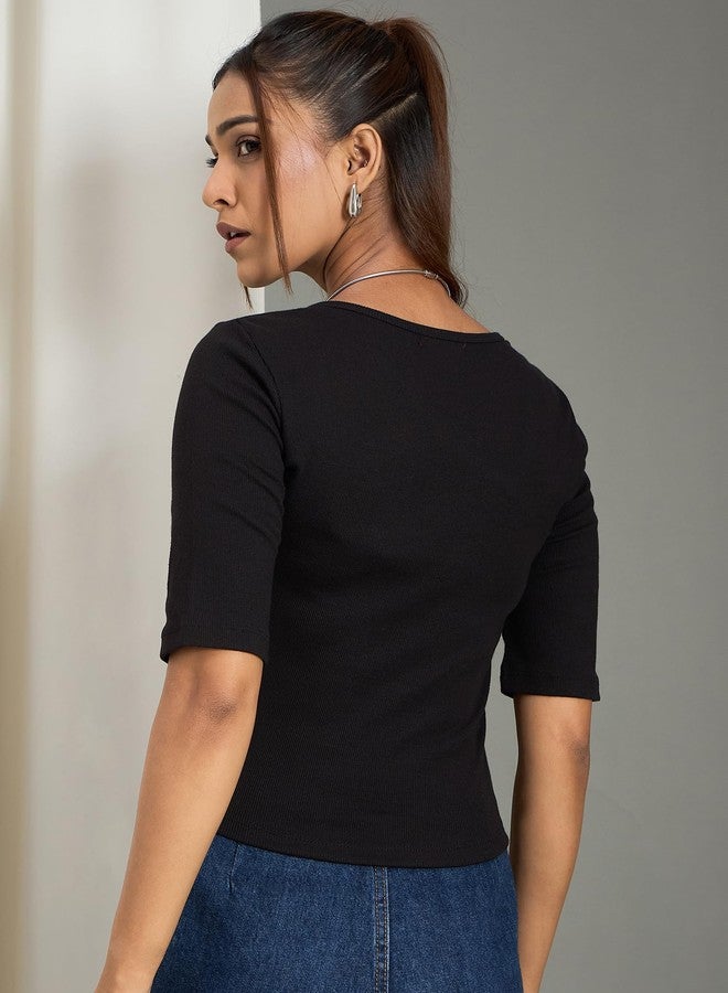 WineRed Women Black Asymmetrical Neck Ribbed Top - Image 4
