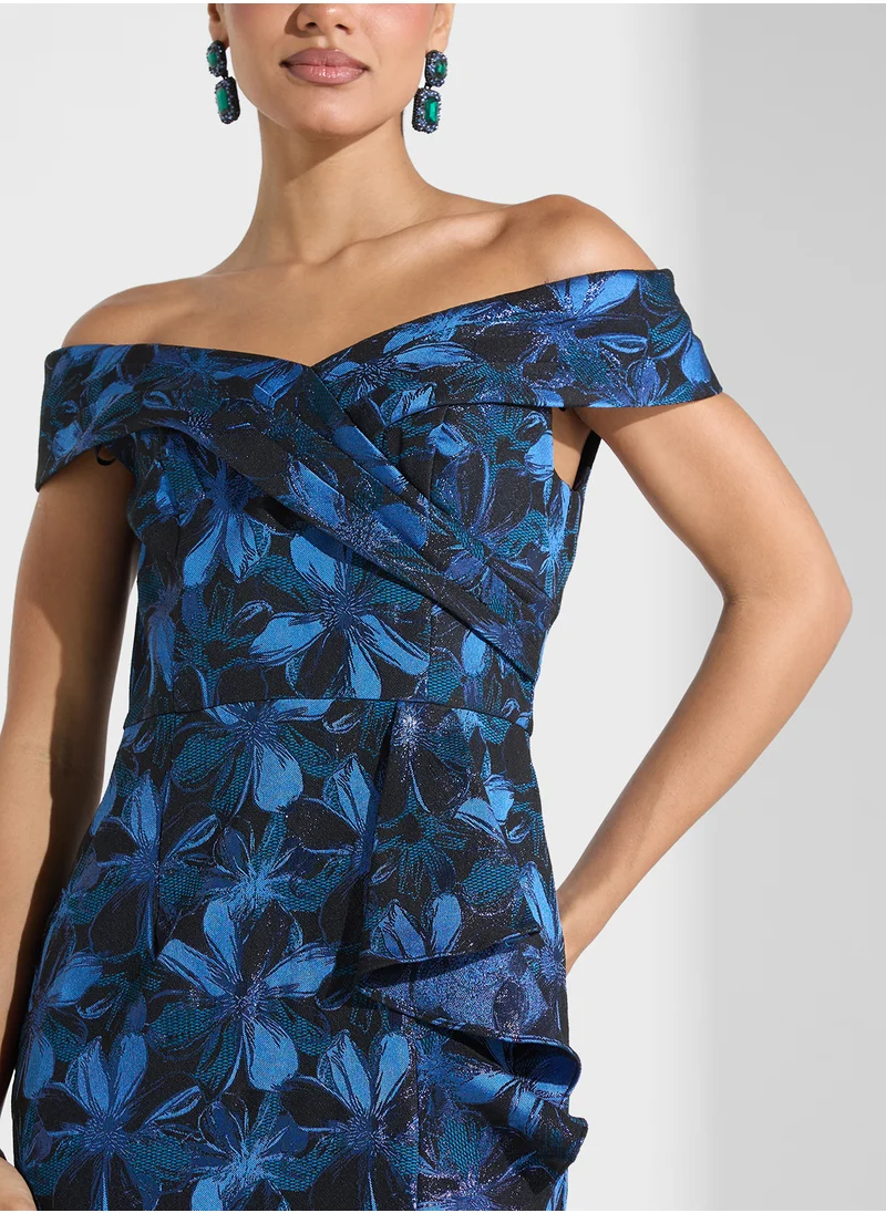 Adrianna Papell Off Shoulder Jacquard Gown