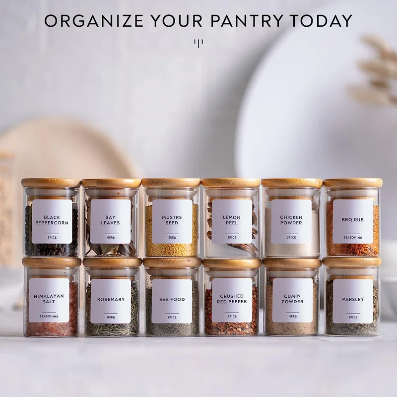 Quesera  90 ML ,  20Packs Glass Jars Set, Cylinder Spice Jars with Bamboo Lids and Customized Labels, Spice, Herbs, Seasoning, Seed, Tea, Sugar, Salt  | Best Price UAE