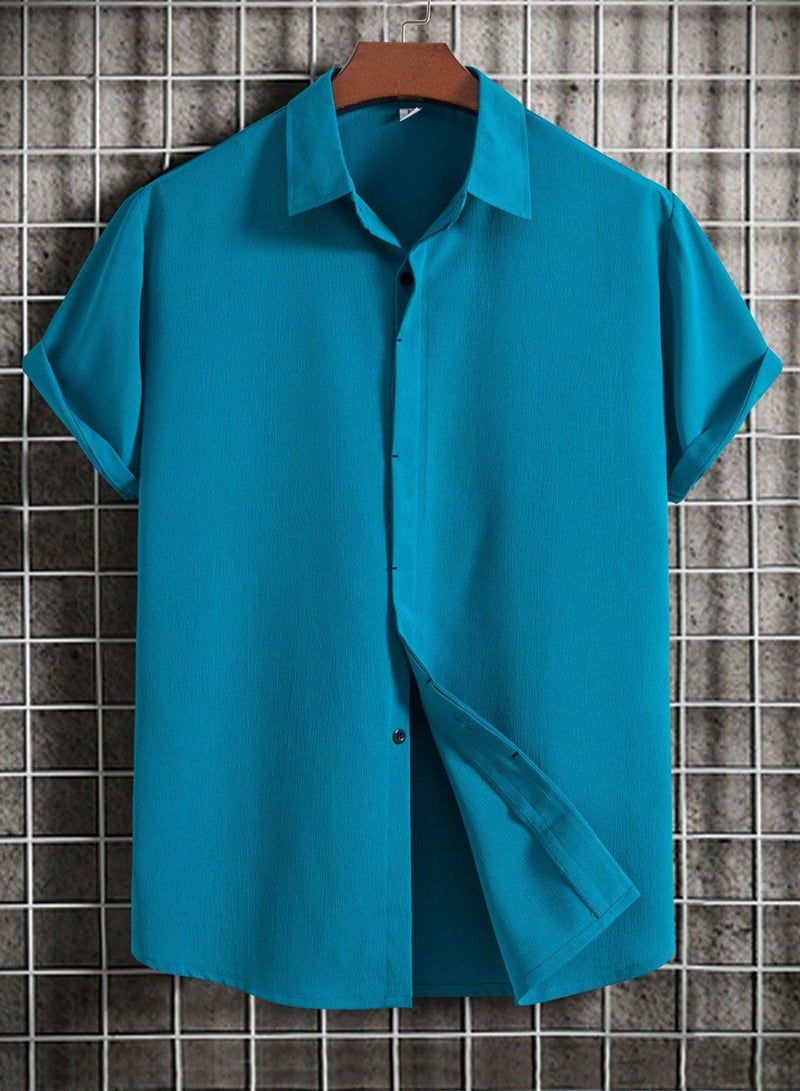 Summer new men's short-sleeved shirt loose solid color button short-sleeved shirt cotton shirt for men - Image 4