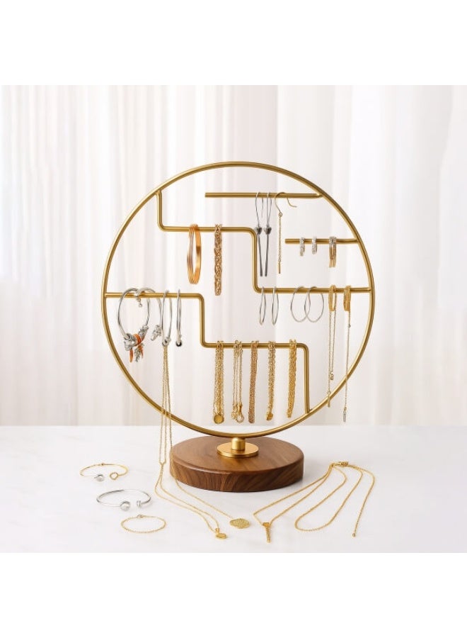 Gold Metal Jewelry Organizer with Wooden Base – 35x30 cm – Necklace and Earring Holder - Image 1
