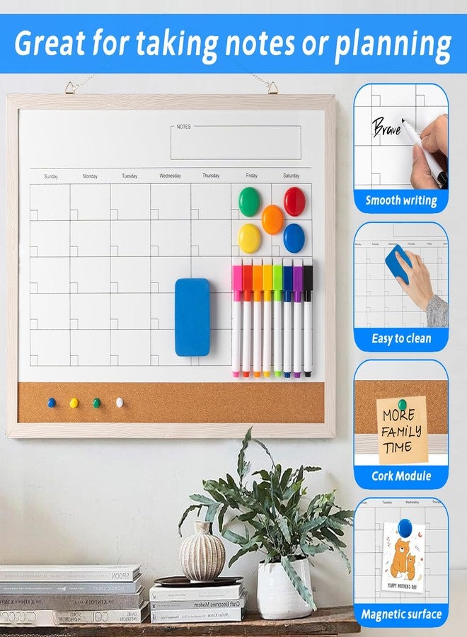 Cazeyoo Dry Erase Calendar Whiteboard, 17" x 13" Magnetic Whiteboard Cork Board Combo, Reusable Monthly Planner with 8 Markers, Eraser, Magnets and Pushpins, Hanging Dry Erase Board for Home, School - White - Image 3