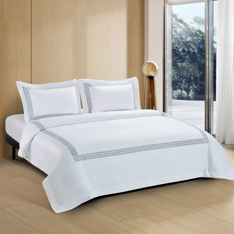 DWELL Dwell-Honeycomb Embroidered Duvet Cover Set - White/Navy-Duvet Cover - 240 x 220 CM, Fitted Sheet - 180 x 200 x 38 CM Pillow cases 50 x 80 CM-White/Blue