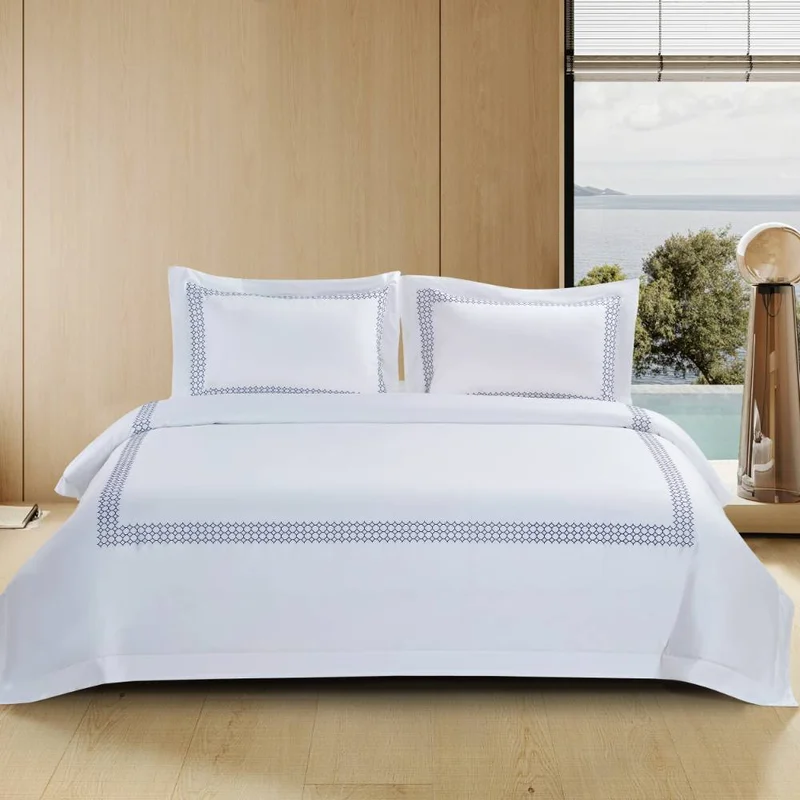 DWELL Dwell-Honeycomb Embroidered Duvet Cover Set - White/Navy-Duvet Cover - 240 x 220 CM, Fitted Sheet - 180 x 200 x 38 CM Pillow cases 50 x 80 CM-White/Blue