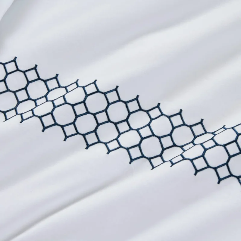 DWELL Dwell-Honeycomb Embroidered Duvet Cover Set - White/Navy-Duvet Cover - 240 x 220 CM, Fitted Sheet - 180 x 200 x 38 CM Pillow cases 50 x 80 CM-White/Blue