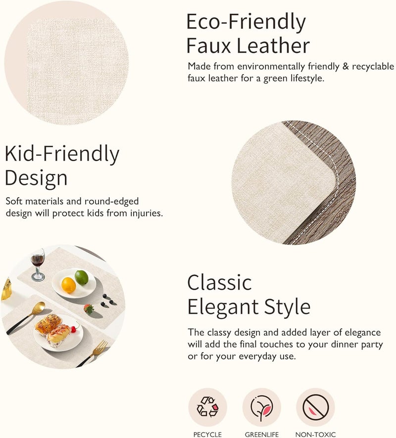 Maxpearl Faux Leather Placemats Set of 6 - Waterproof - Wipe Clean - Heat Resistant - Anti Slip Dining Table Place Mats, Suitable for Indoor & Outdoor Use, 17’’×12’’, Beige - Image 3