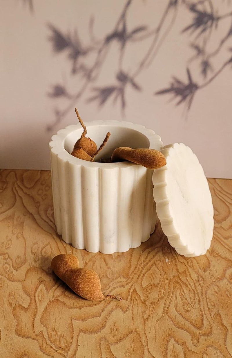 R&M RM 4inch White Marble Stone Canister With Lid Bathroom Accessory | Makeup Brush Cup for Girls, Bathroom Tumbler Cup, Durable Office & Home Organizer Pencil Holder  - Image 1