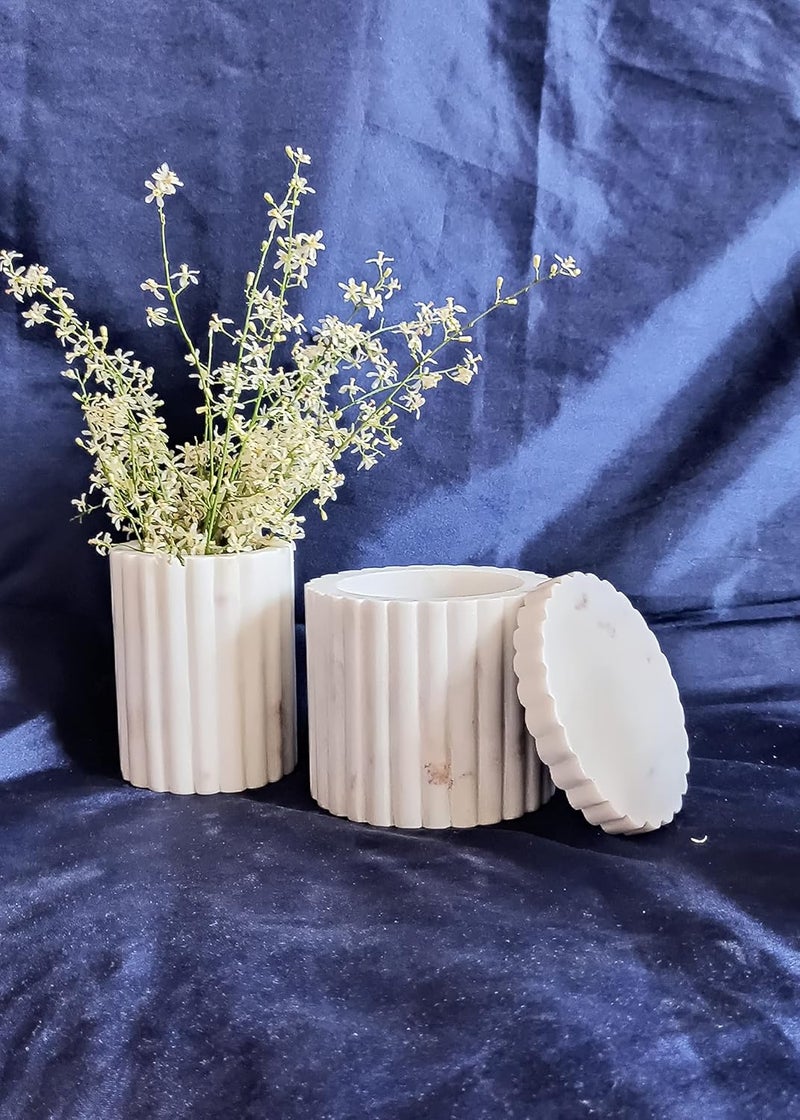 R&M RM 4inch White Marble Stone Canister With Lid Bathroom Accessory | Makeup Brush Cup for Girls, Bathroom Tumbler Cup, Durable Office & Home Organizer Pencil Holder  - Image 4