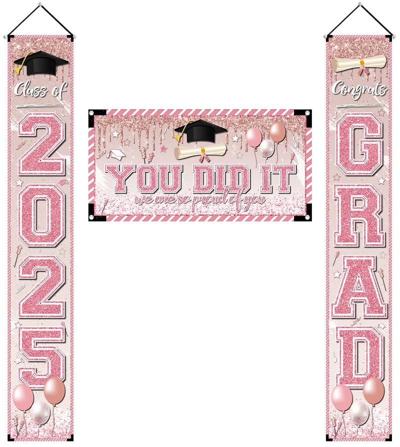GINFTBRZGV Pink Graduation Decorations Graduation Banner Class of 2025 Congrats Grad Porch Sign Banner and You Did It Backdrop for High School College Grad Party Supplies - Image 1
