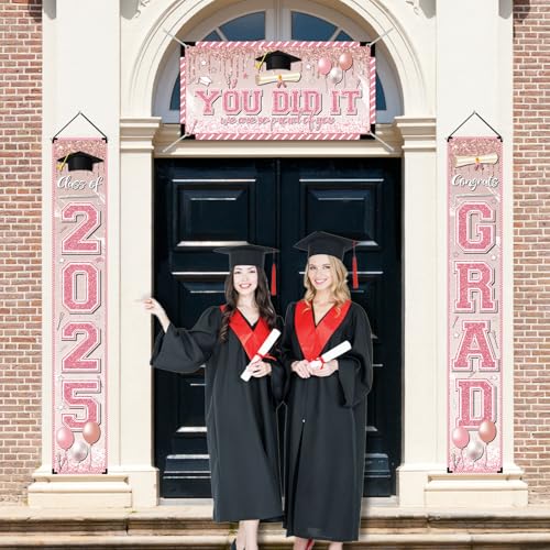 GINFTBRZGV Pink Graduation Decorations Graduation Banner Class of 2025 Congrats Grad Porch Sign Banner and You Did It Backdrop for High School College Grad Party Supplies - Image 5